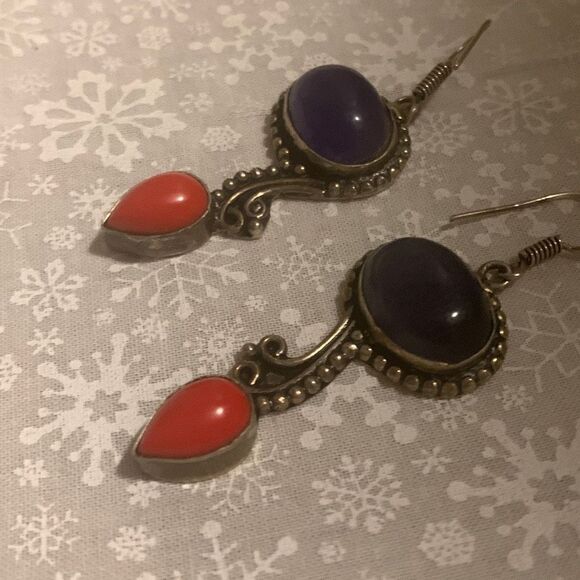 Sterling Silver 925 Blue Orange Coral Drop Earrings Pierced - Picture 1 of 12